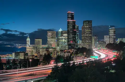 Seattle skyline and Interstate 5 viewed from the Jose Rizal Bridge